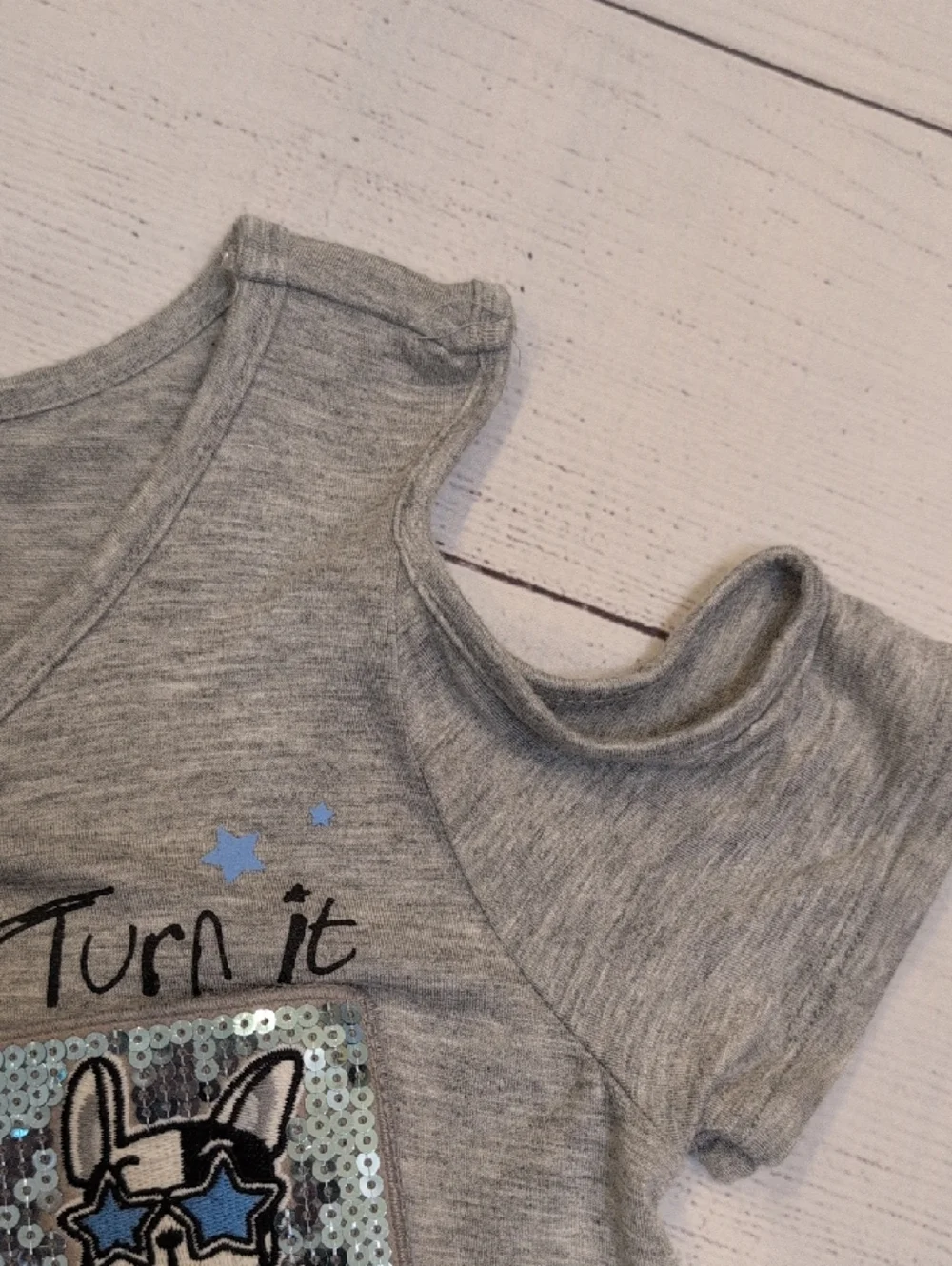 Justice Girls' Gray Cold-Shoulder Tee with Sequin Bulldog Patch